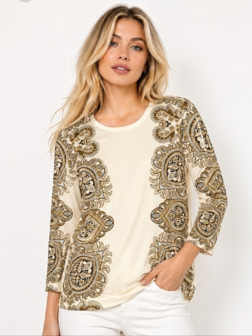 J. McLaughlin Catalina Cloth Paisley Signature Tee Beige Women's Size L Preppy